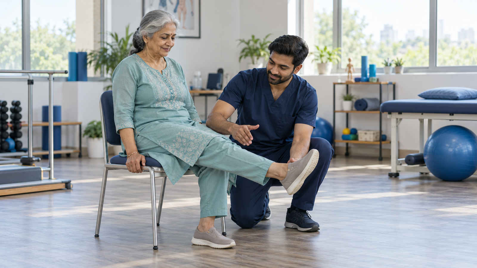 AI-generated illustration of a physiotherapist guiding an older woman through a seated leg exercise
