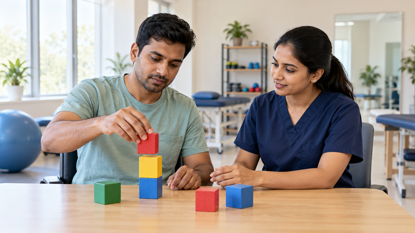 AI-generated illustration of a physiotherapist guiding a patient through a hand coordination exercise