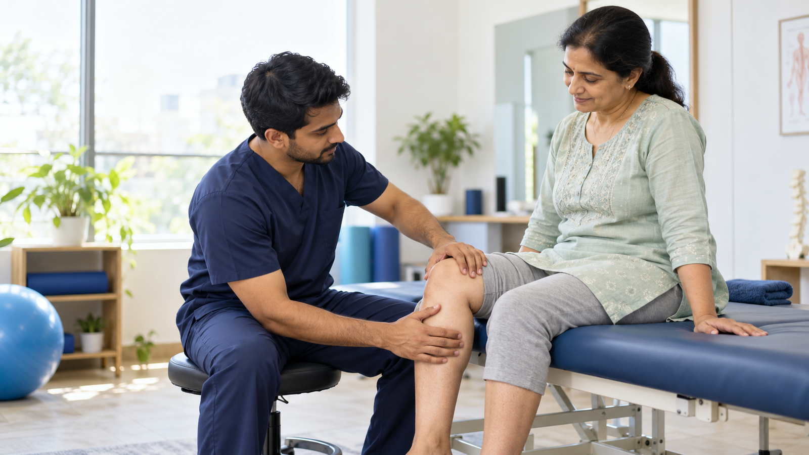 AI-generated illustration of a physiotherapist assessing a seated patient’s knee