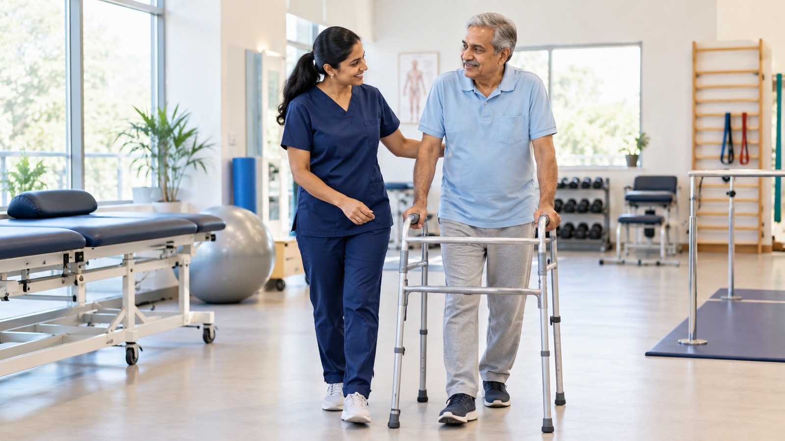 AI-generated illustration of a physiotherapist supporting an older adult walking with a walker