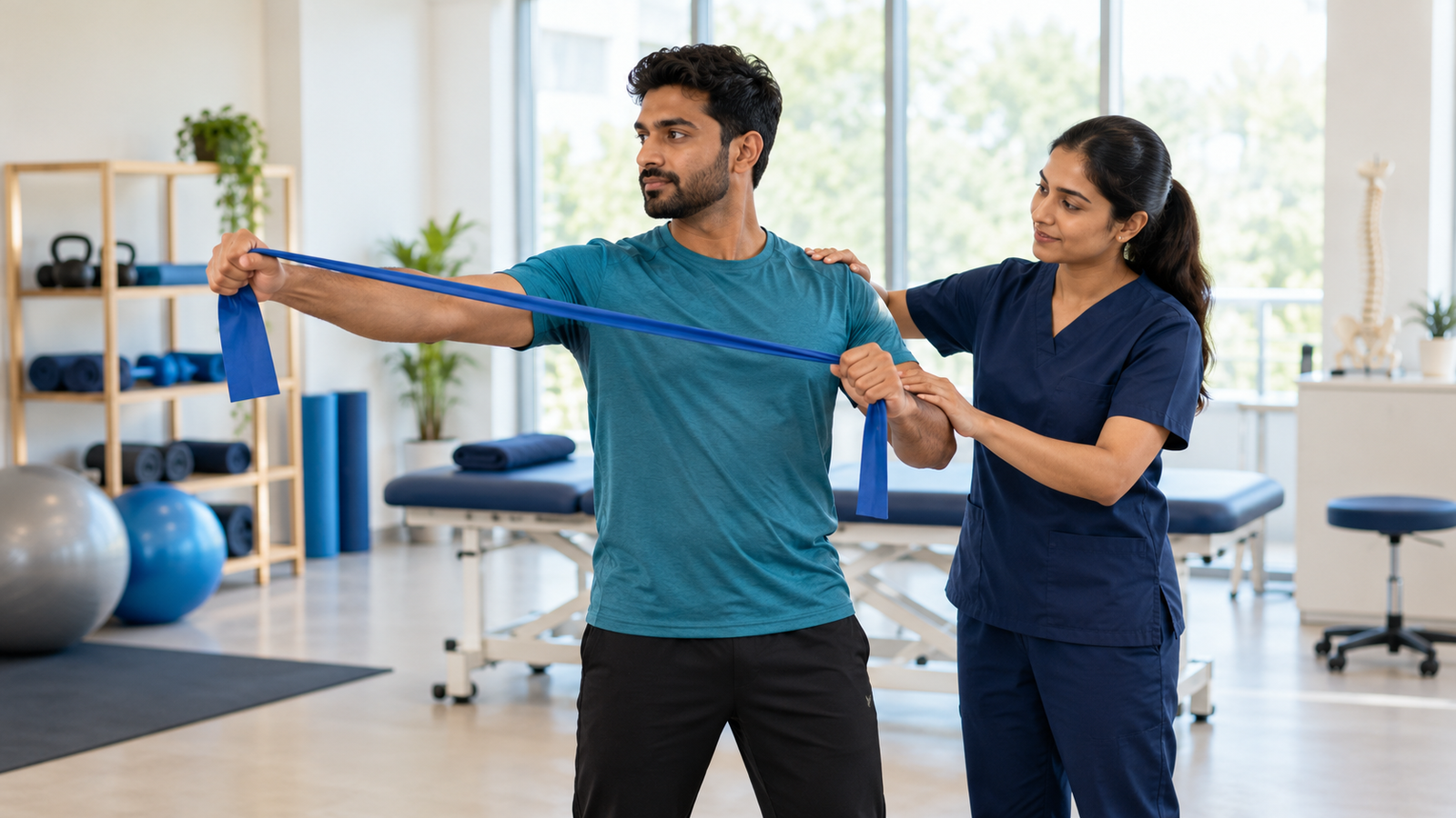 AI-generated illustration of a physiotherapist guiding an athlete through a resistance-band exercise