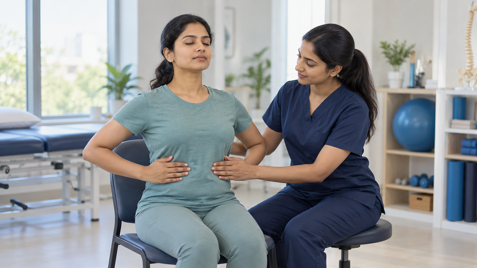 AI-generated illustration of a female physiotherapist guiding a woman through a seated breathing exercise